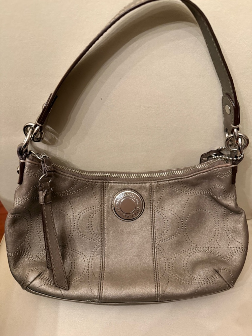 Coach Metallic Taupe Shoulder Bag with Signature Stitching